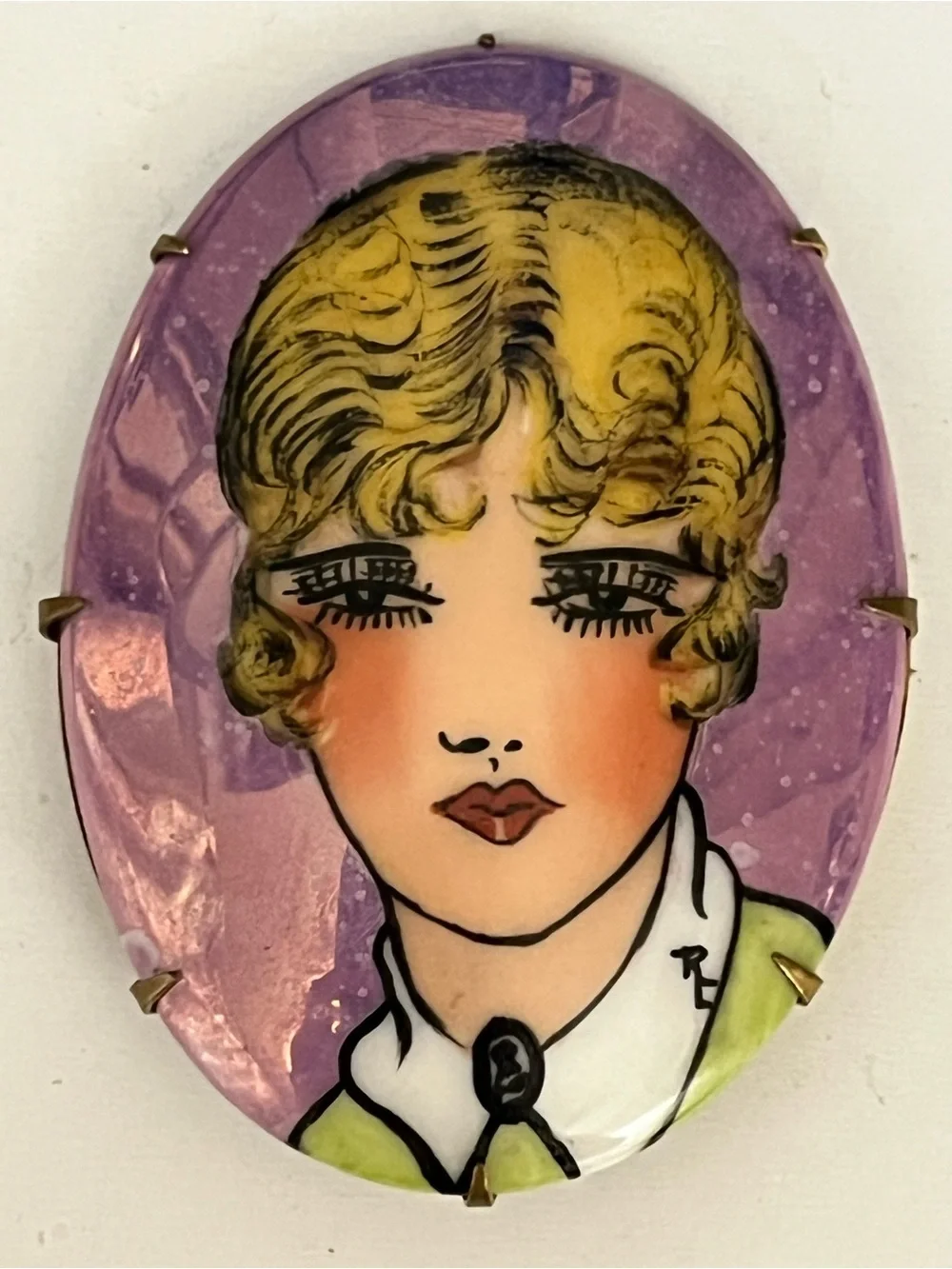 Antique 1920s Flapper Art Deco Hand Painted Portrait Brooch